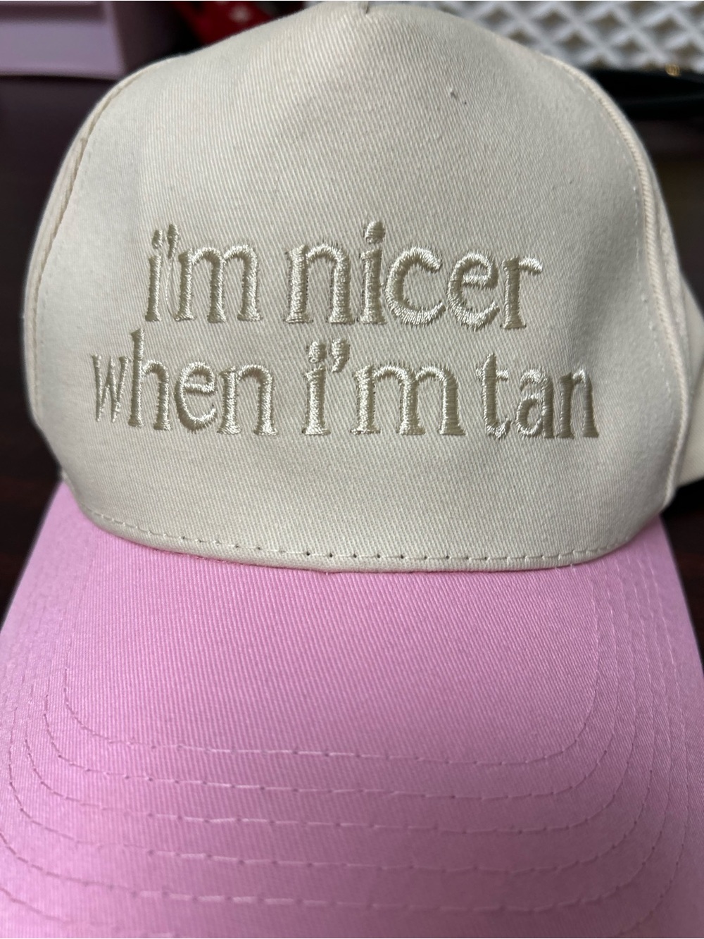 I’m Nicer When I’m Tan Embroidered Pink & Cream Adjustable Snapback Hat View 2